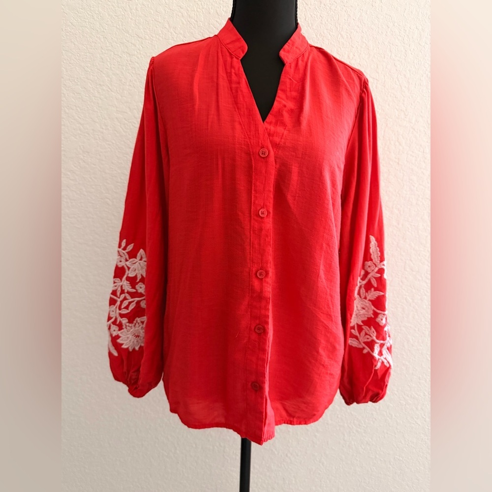 Red Floral Embroidered Blouse | White Sleeve Detail Boho Top (No Tag)